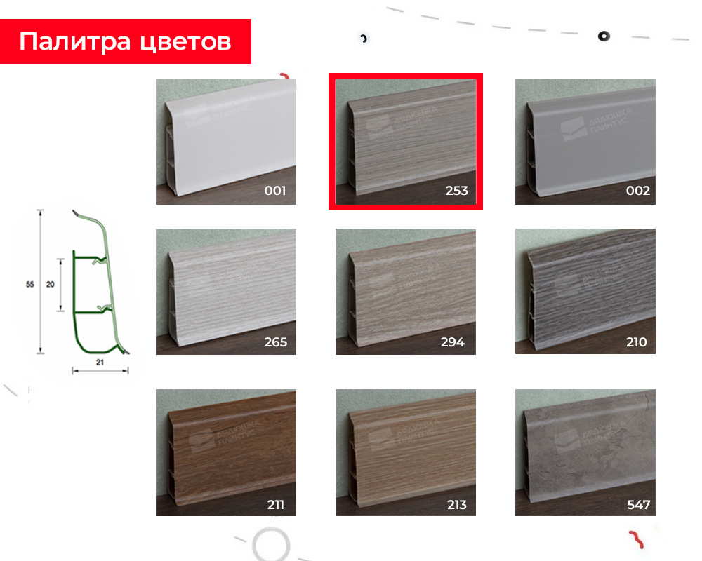 Плинтус со съемной панелью ПВХ Деконика ИДЕАЛ 55мм 2,2м. 253 Ясень серый